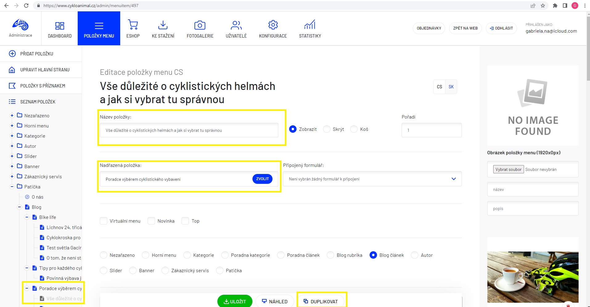 Vytvoření nového článku v administraci